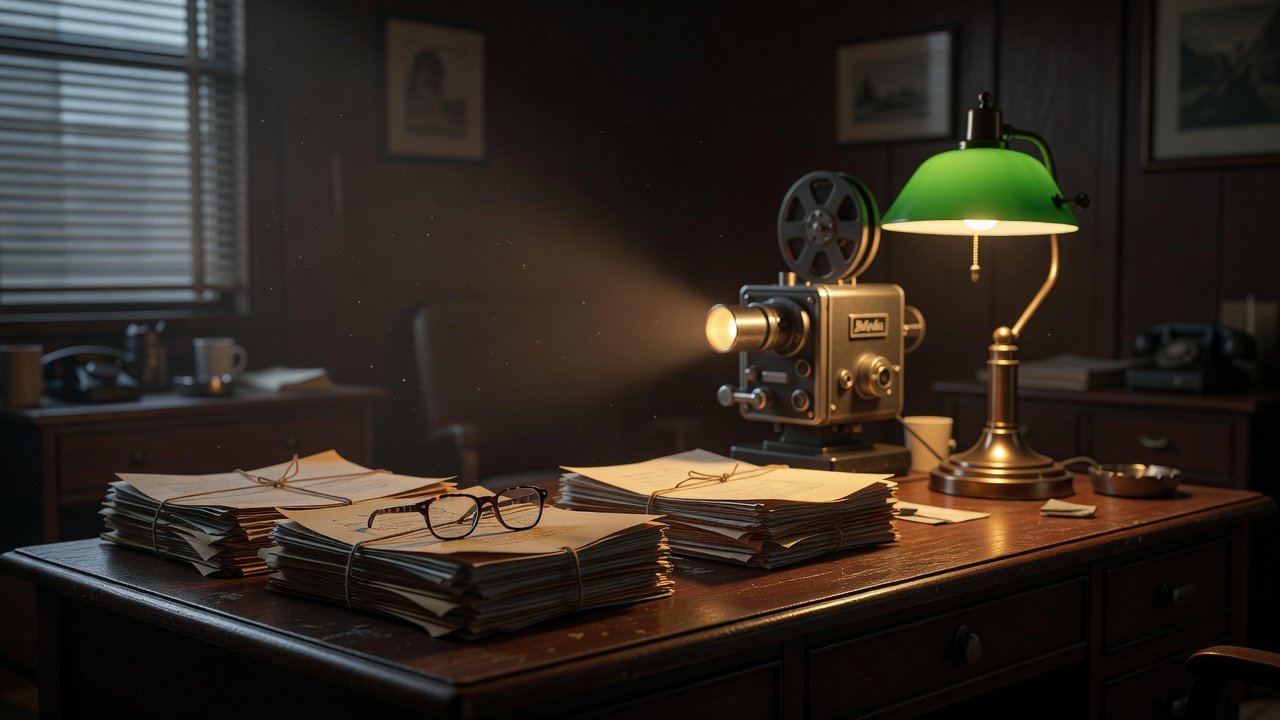 Cinematic still-life of a vintage desk with a medical examiner's case files, reading glasses and a film projector glow in a dim Los Angeles office